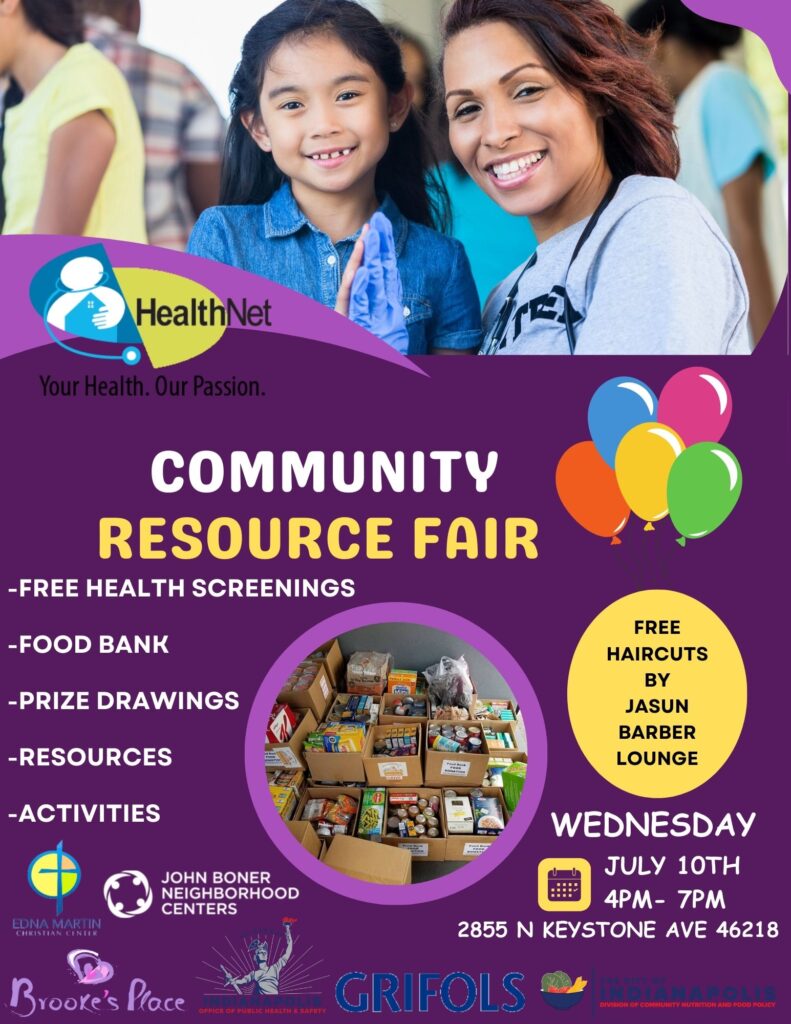 Community Resource Fair: Free health resources, food bank, prise drawings, resources, activities, free haircuts. Wednesday July 10, 4-7pm, 2855 N Keystone Ave 46218